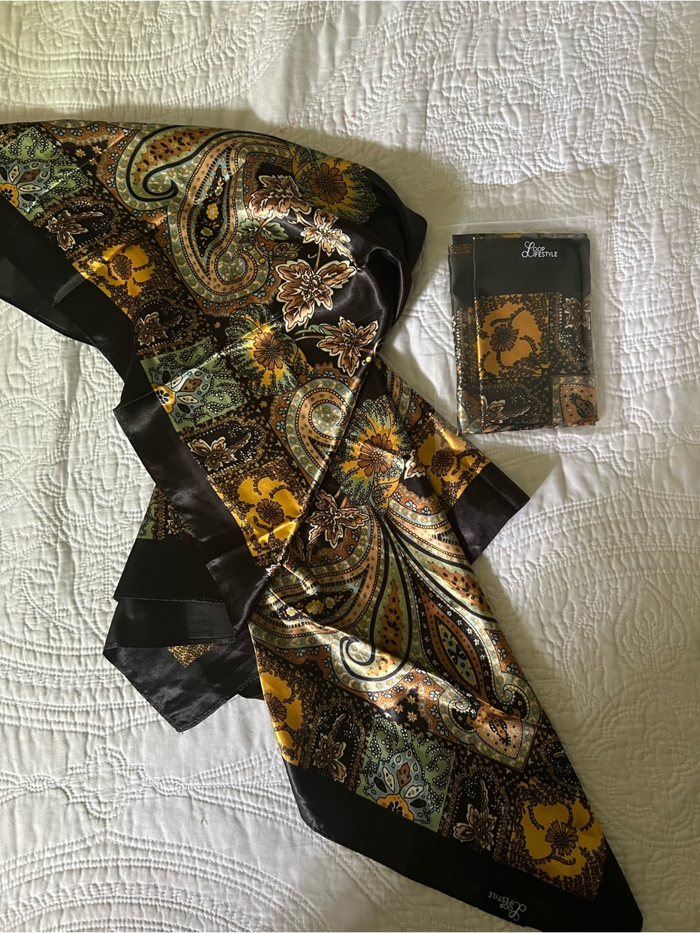 Silky Paisley & Floral Scarf in Black, Gold, Olive